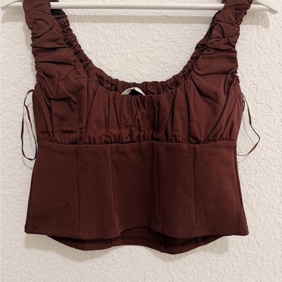 ZARA Chocolate Brown Cotton Corset Style Crop Top | Ruched Strap Bustier Top - Picture 5 of 5